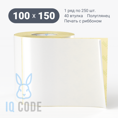 Термотрансферная этикетка 100х150 полуглянцевая, втулка 40 мм (к) (рядов 1 по 250 шт)  IQ code	