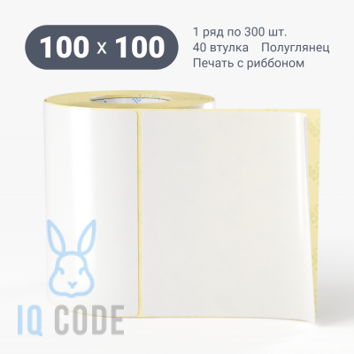 Термотрансферная этикетка 100х100 полуглянцевая, втулка 40 мм (к) (рядов 1 по 300 шт)  IQ code	