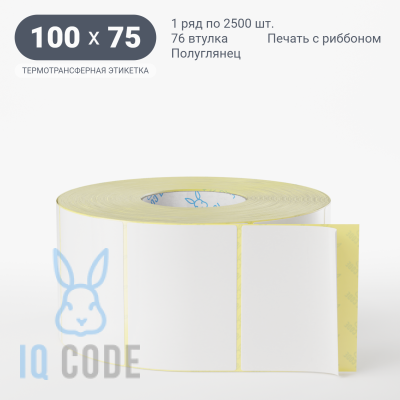Термотрансферная этикетка 100х75 полуглянцевая, втулка 76 мм (к) (рядов 1 по 2500 шт)  IQ code	