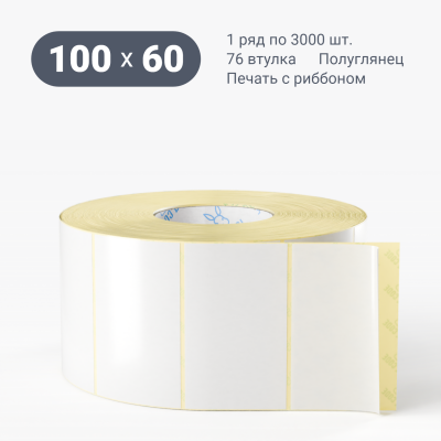 Термотрансферная этикетка 100х60 полуглянцевая, втулка 76 мм (к) (рядов 1 по 3000 шт)  IQ code	