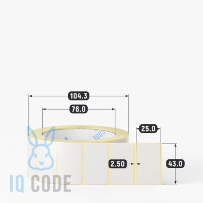 Термотрансферная этикетка 43х25 полуглянцевая, втулка 76 мм (к) (рядов 1 по 1000 шт)  IQ code	