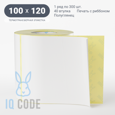 Термотрансферная этикетка 100х120 полуглянцевая, втулка 40 мм (к) (рядов 1 по 300 шт)  IQ code	