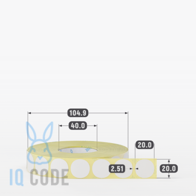 Термотрансферная этикетка 20х20 (рядов 1 по 2 500 шт) Полуглянец круглая в рулоне, втулка 40 мм (к) IQ code