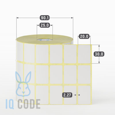 Термотрансферная этикетка 30х20 полуглянцевая, втулка 25 мм (к) (рядов 3 по 2000 шт)  IQ code	