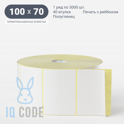 Термотрансферная этикетка 100х70 (рядов 1 по 3 000 шт) Полуглянец в рулоне, втулка 40 мм (к) IQ code