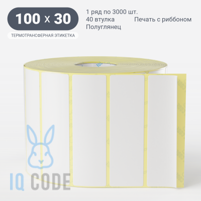 Термотрансферная этикетка 100х30 (рядов 1 по 3 000 шт) Полуглянец в рулоне, втулка 40 мм (к) IQ code