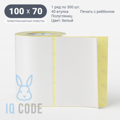 Термотрансферная этикетка  100х70 полуглянцевая, втулка 40 мм (к) (рядов 1 по 300 шт) IQ code	