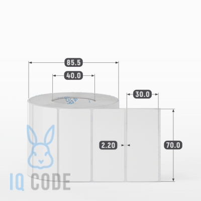 Этикетка самоклеящаяся 70х30 (рядов 1 по 1 000 шт) Полипропилен белый в рулоне, втулка 40 мм (к) IQ code